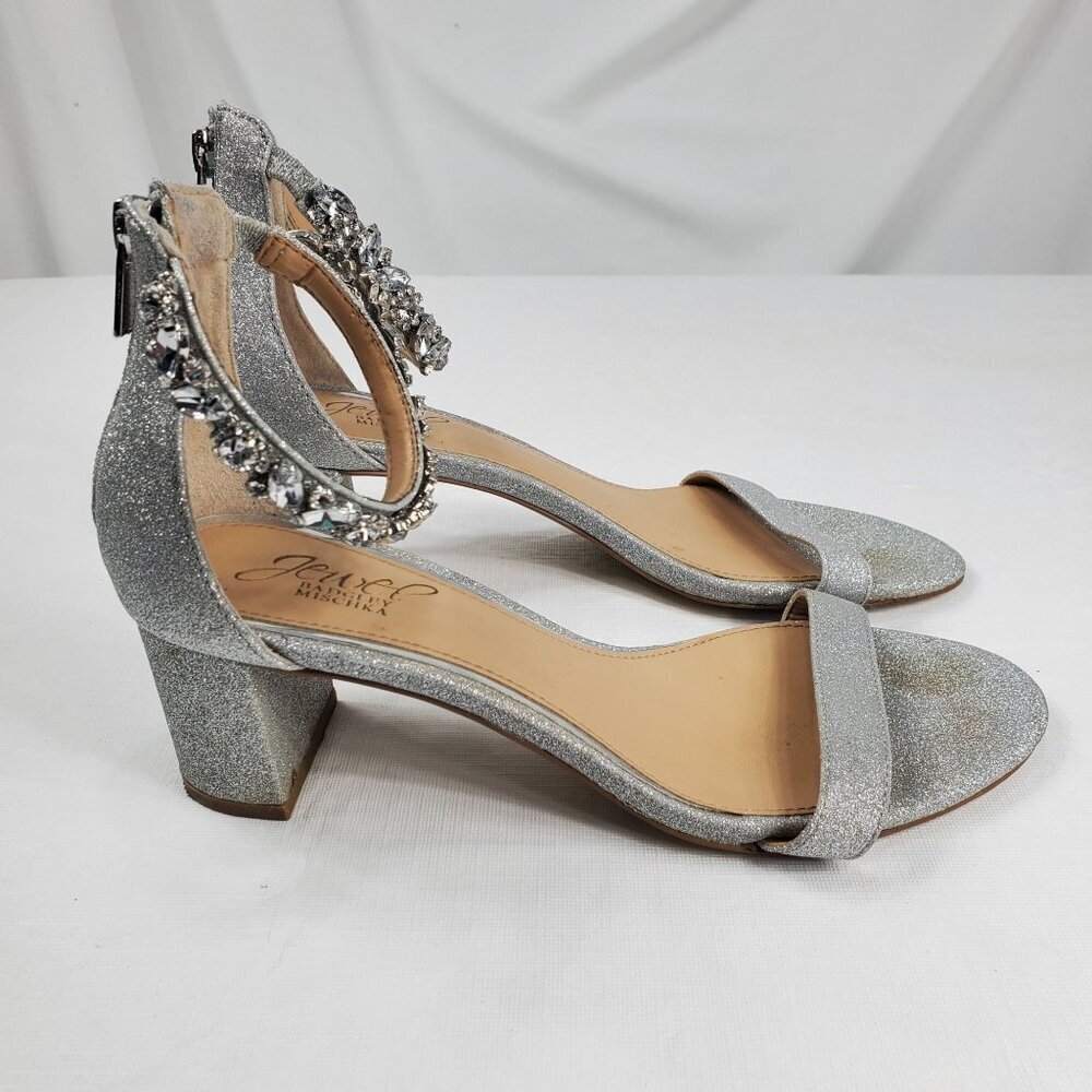 Badgley Mischka Women's Silver Ankle Strap Heels Catalina Open Toe Size 7.5 - Picture 1 of 12